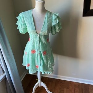 NWT SUNDRESS Cora Plunge Mini Dress, Summer Teal & Coral, Ruffled Sleeves, Small